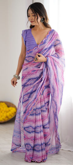 Purple and Violet color Saree in Georgette fabric with Digital Print, Mirror work