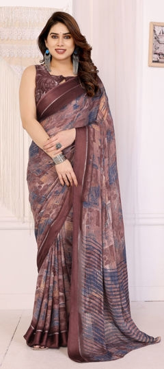 Beige and Brown color Saree in Satin Silk fabric with Printed work