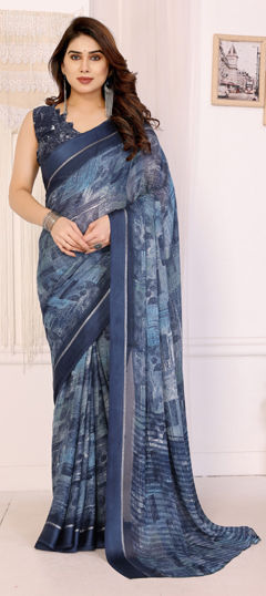Blue color Saree in Satin Silk fabric with Printed work