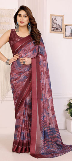 Red and Maroon color Saree in Satin Silk fabric with Printed work