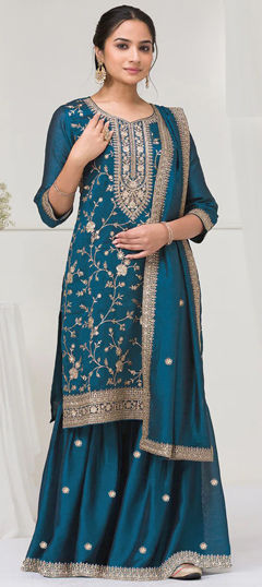 Blue color Salwar Kameez in Art Silk fabric with Embroidered, Thread, Zari work
