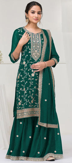 Green color Salwar Kameez in Art Silk fabric with Embroidered, Thread, Zari work