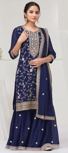 Blue color Salwar Kameez in Art Silk fabric with Embroidered, Thread, Zari work