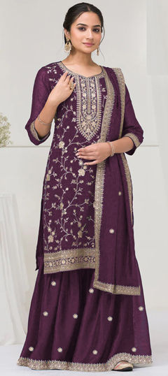 Purple and Violet color Salwar Kameez in Art Silk fabric with Embroidered, Thread, Zari work