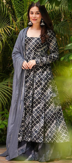 Black and Grey color Salwar Kameez in Muslin fabric with Digital Print work