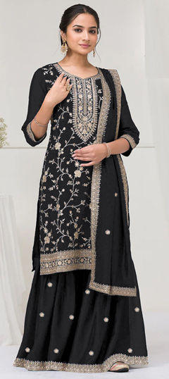 Black and Grey color Salwar Kameez in Art Silk fabric with Embroidered, Thread, Zari work