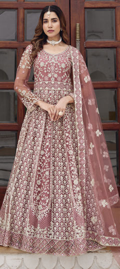 Pink and Majenta color Gown in Net fabric with Embroidered, Mirror, Stone work