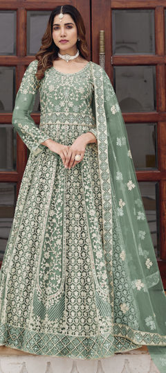 Green color Gown in Net fabric with Embroidered, Mirror, Stone work