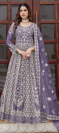 Purple and Violet color Gown in Net fabric with Embroidered, Mirror, Stone work