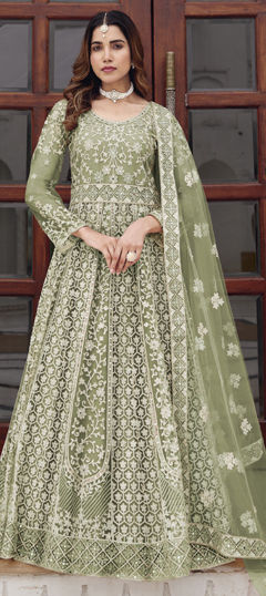 Green color Gown in Net fabric with Embroidered, Mirror, Stone work