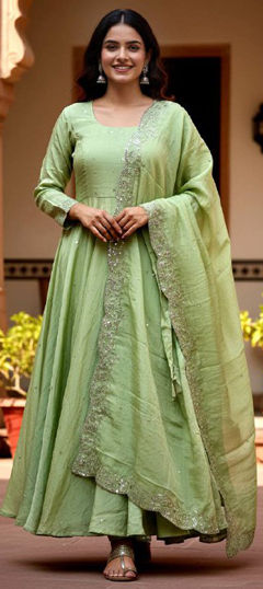 Green color Salwar Kameez in Crushed Silk fabric with Embroidered, Sequence work