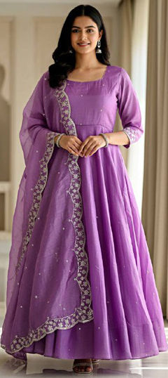 Purple and Violet color Salwar Kameez in Crushed Silk fabric with Embroidered, Sequence work