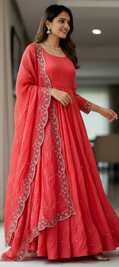 Red and Maroon color Salwar Kameez in Crushed Silk fabric with Embroidered, Sequence work