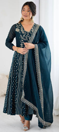 Blue color Salwar Kameez in Crushed Silk fabric with Embroidered, Sequence, Thread work
