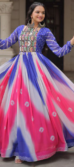 Blue, Pink and Majenta color Gown in Faux Georgette fabric with Bandhej, Printed work