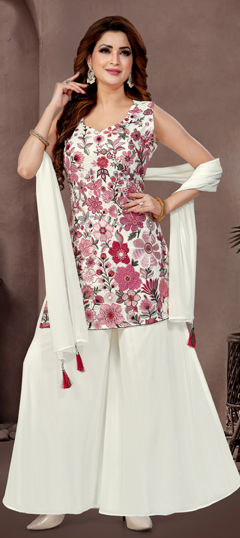 White and Off White color Salwar Kameez in Georgette fabric with Embroidered, Resham, Sequence, Thread work