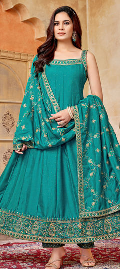 Blue color Salwar Kameez in Silk fabric with Embroidered, Sequence, Thread, Zari, Zircon work
