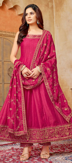 Pink and Majenta color Salwar Kameez in Silk fabric with Embroidered, Sequence, Thread, Zari, Zircon work