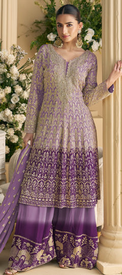 Purple and Violet color Salwar Kameez in Georgette fabric with Embroidered, Sequence, Thread work