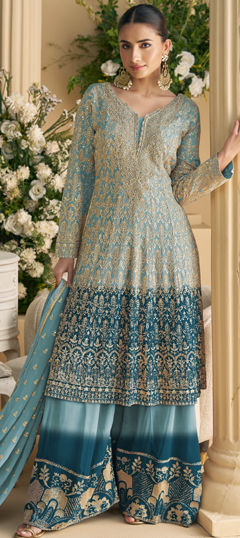 Blue color Salwar Kameez in Georgette fabric with Embroidered, Sequence, Thread work