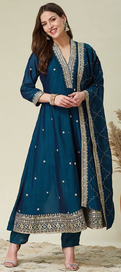 Blue color Salwar Kameez in Silk fabric with Embroidered, Thread work