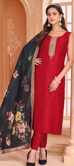 Red and Maroon color Salwar Kameez in Silk fabric with Embroidered, Thread, Zari work