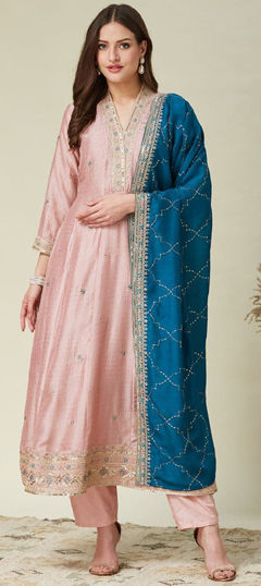 Pink and Majenta color Salwar Kameez in Silk fabric with Embroidered, Thread work