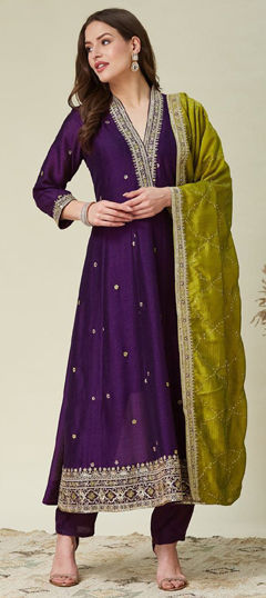Purple and Violet color Salwar Kameez in Silk fabric with Embroidered, Thread work