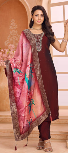 Red and Maroon color Salwar Kameez in Silk fabric with Embroidered, Sequence, Thread, Zari work