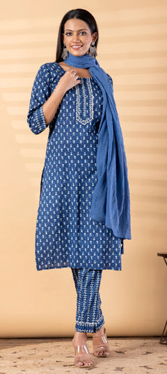 Blue color Salwar Kameez in Cotton fabric with Printed, Sequence work