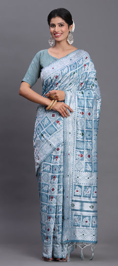 Blue color Saree in Cotton, Linen fabric with Weaving work