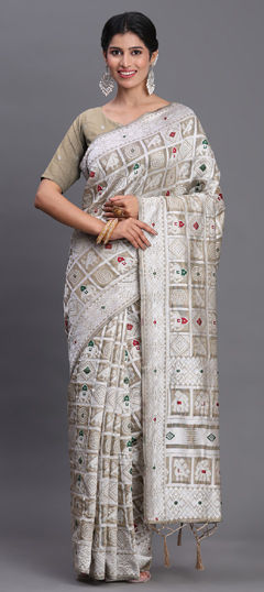 Beige and Brown color Saree in Cotton, Linen fabric with Weaving work