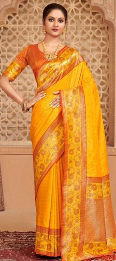 Yellow color Saree in Blended, Silk fabric with Weaving work