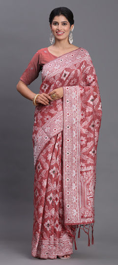 Pink and Majenta color Saree in Cotton, Linen fabric with Weaving work