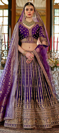 Purple and Violet color Lehenga in Silk fabric with Border, Embroidered, Sequence, Stone, Thread, Weaving, Zari work
