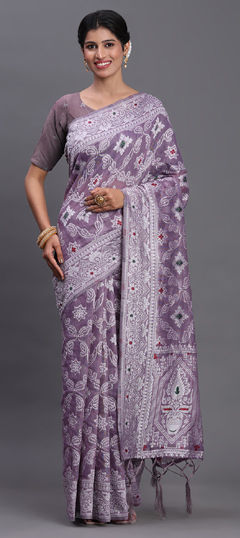 Purple and Violet color Saree in Cotton, Linen fabric with Weaving work