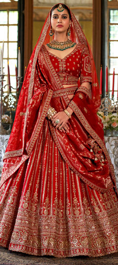 Red and Maroon color Lehenga in Silk fabric with Border, Embroidered, Sequence, Stone, Thread, Weaving, Zari work