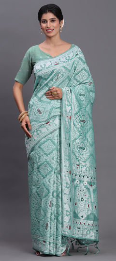 Green color Saree in Cotton, Linen fabric with Weaving work