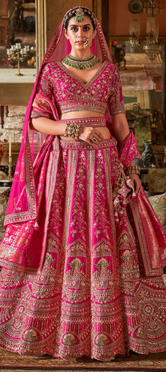 Pink and Majenta color Lehenga in Silk fabric with Border, Embroidered, Sequence, Stone, Thread, Weaving, Zari work