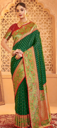 Green color Saree in Blended, Silk fabric with Weaving work