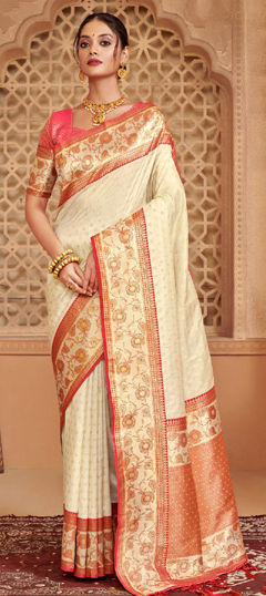 White and Off White color Saree in Blended, Silk fabric with Weaving work