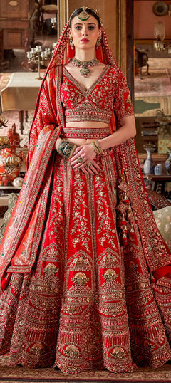 Red and Maroon color Lehenga in Silk fabric with Border, Embroidered, Sequence, Stone, Thread, Weaving, Zari work