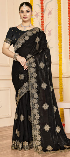 Black and Grey color Saree in Tissue fabric with Embroidered, Stone, Swarovski, Zari work