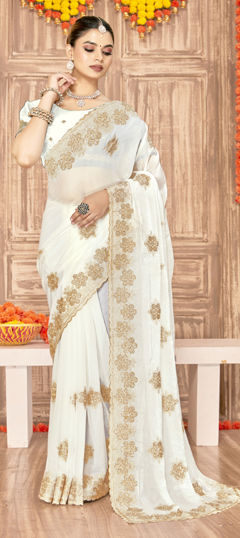 White and Off White color Saree in Tissue fabric with Embroidered, Stone, Swarovski, Zari work
