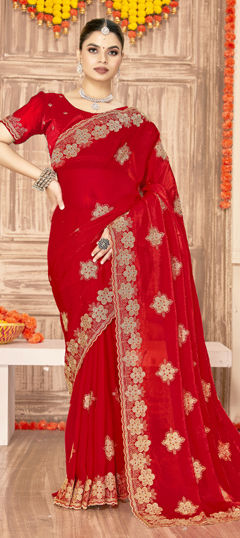 Red and Maroon color Saree in Tissue fabric with Embroidered, Stone, Swarovski, Zari work