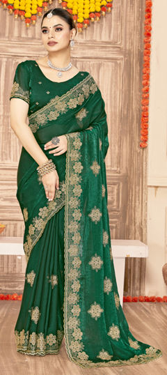 Green color Saree in Tissue fabric with Embroidered, Stone, Thread, Zari work