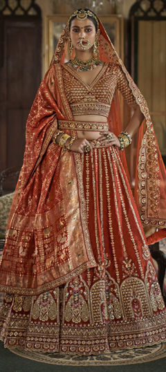 Beige and Brown color Lehenga in Silk fabric with Embroidered, Sequence, Thread, Zari work