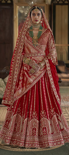 Red and Maroon color Lehenga in Silk fabric with Embroidered, Sequence, Thread, Zari work