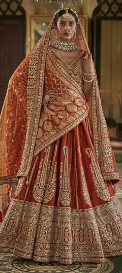 Beige and Brown color Lehenga in Silk fabric with Embroidered, Sequence, Thread, Zari work