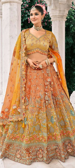 Orange, Yellow color Lehenga in Silk fabric with Embroidered, Sequence, Thread work